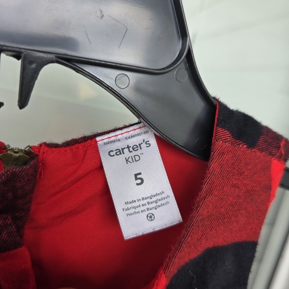 Carter's Kid Red Black Plaid Girls Dress Sz 5 Lined 100% Cotton Side Bows - Picture 6 of 13